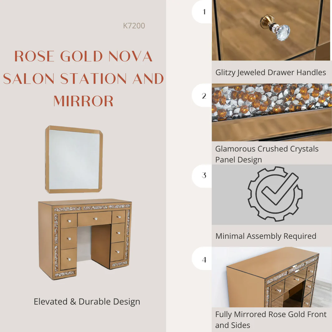 Rose Gold Nova Salon Station and Mirror - Image 3